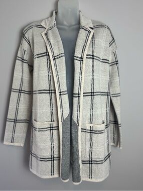 LOFT Cream & Black Plaid Open-Front Cardigan Size M